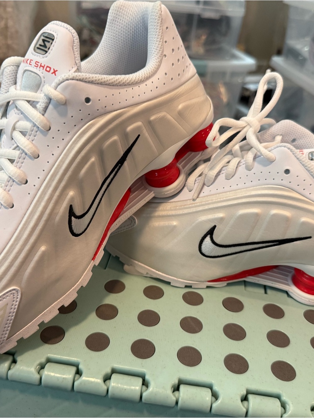 Nike White Sneakers with Black Swoosh and Red Shox
